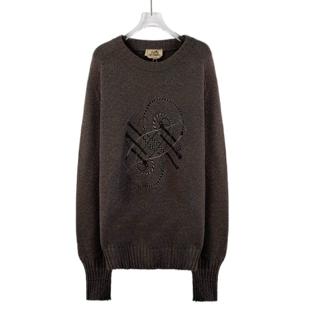 IM0280 Hermes Hermes dark brown horse whip embroidered design cashmere round nec